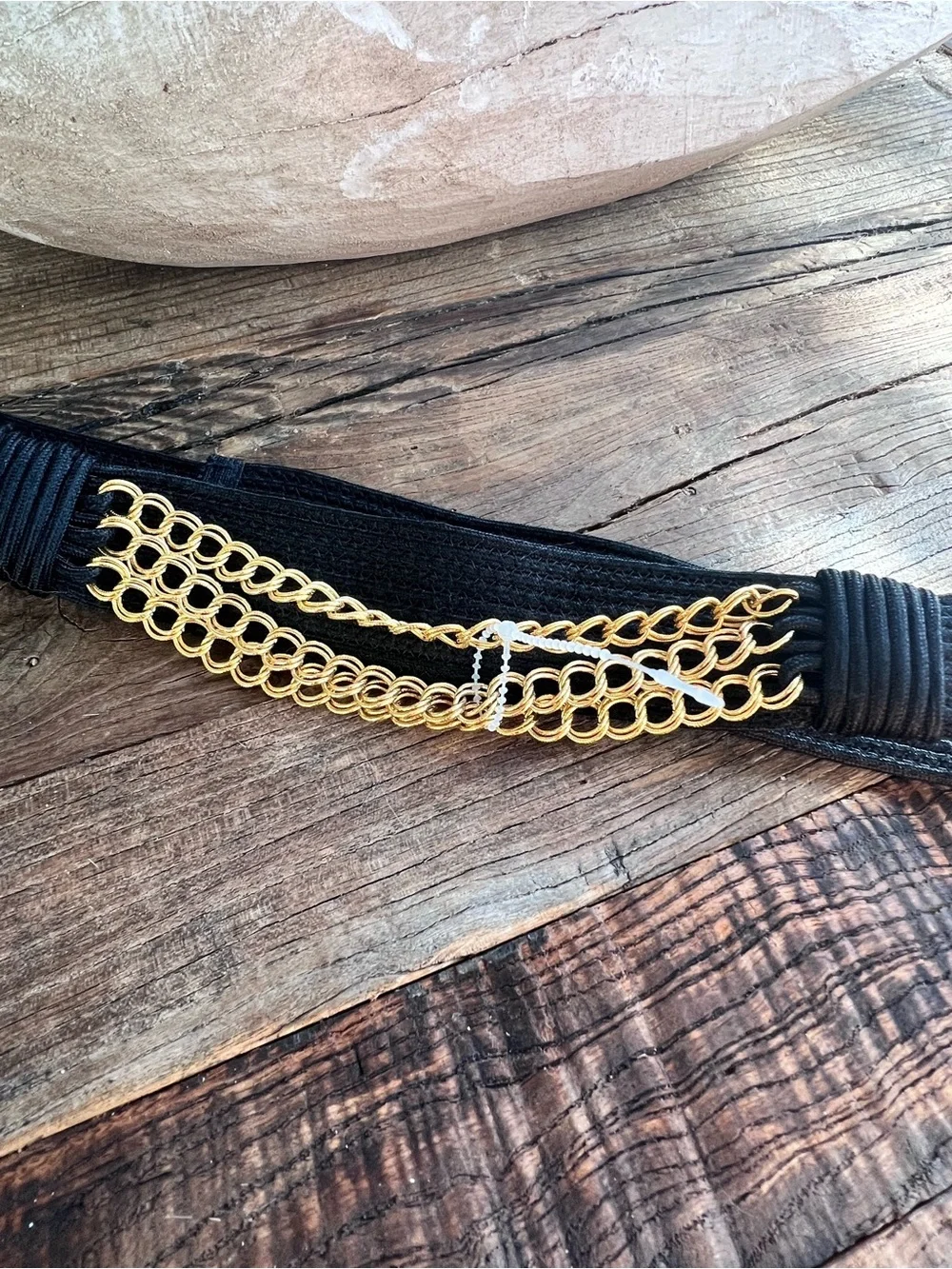 Black Waist Belt with Gold Chain Accents.